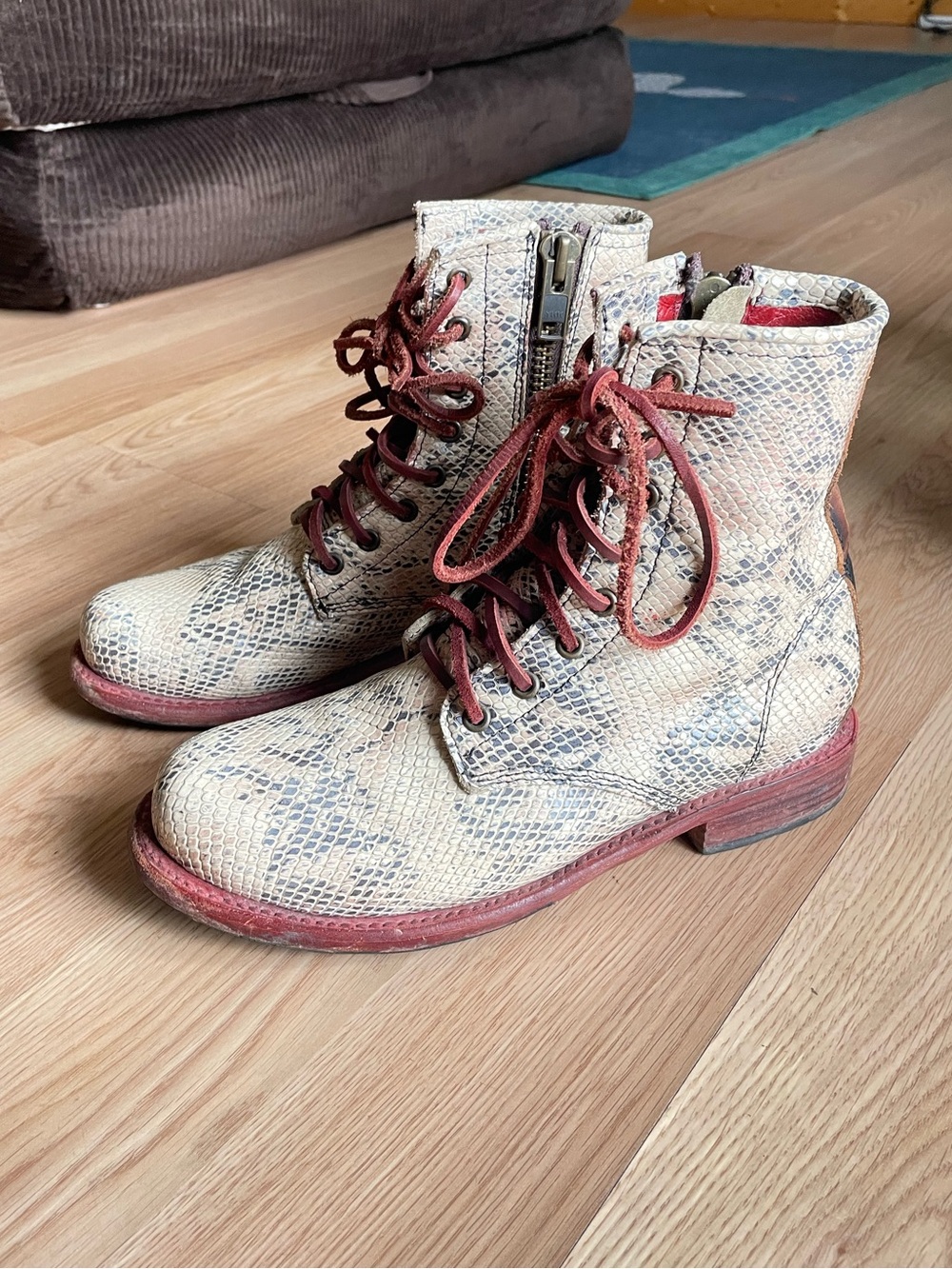 Women’s Free Bird Snake-Print Lace-Up Combat Boots in Beige with Maroon Accents
